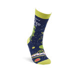 Navy space-themed sock with "Sorry I'm Spaced Out" text, green alien, UFO, planets, and stars. Lime green cuff, heel, and toe