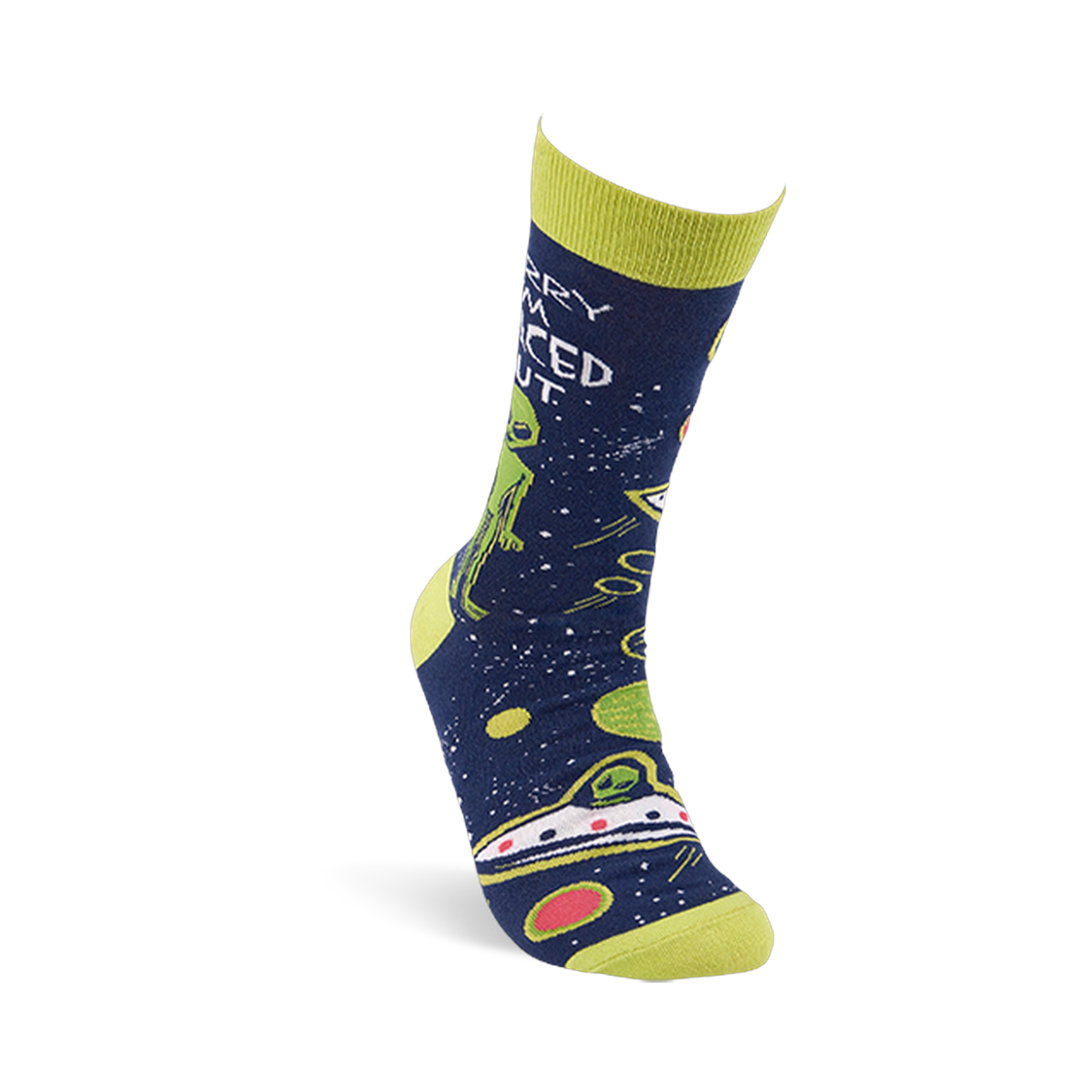 Navy space-themed sock with "Sorry I'm Spaced Out" text, green alien, UFO, planets, and stars. Lime green cuff, heel, and toe