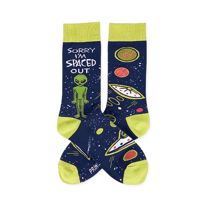 sorry i'm spaced out  ailens themed mens blue novelty crew socks