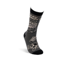 Side view of a single dark gray crew sock with black details, showing a raccoon in a trash can and 'STAY TRASHY' text.