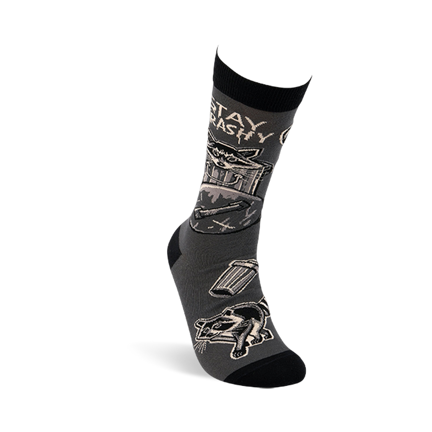 Side view of a single dark gray crew sock with black details, showing a raccoon in a trash can and 'STAY TRASHY' text.
