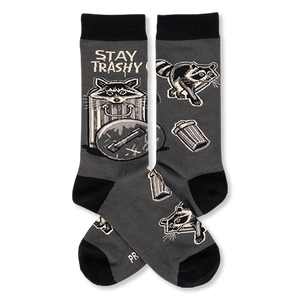 Pair of dark gray crew socks with black cuffs, heels, toes. Features raccoons, trash cans, and 'STAY TRASHY CREW' text.
