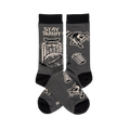 Pair of dark gray crew socks with black cuffs, heels, toes. Features raccoons, trash cans, and 'STAY TRASHY CREW' text.