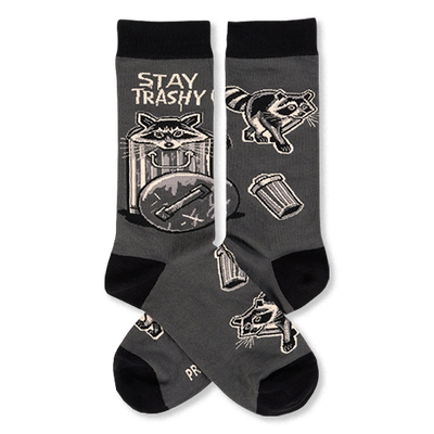 Pair of dark gray crew socks with black cuffs, heels, toes. Features raccoons, trash cans, and 'STAY TRASHY CREW' text.