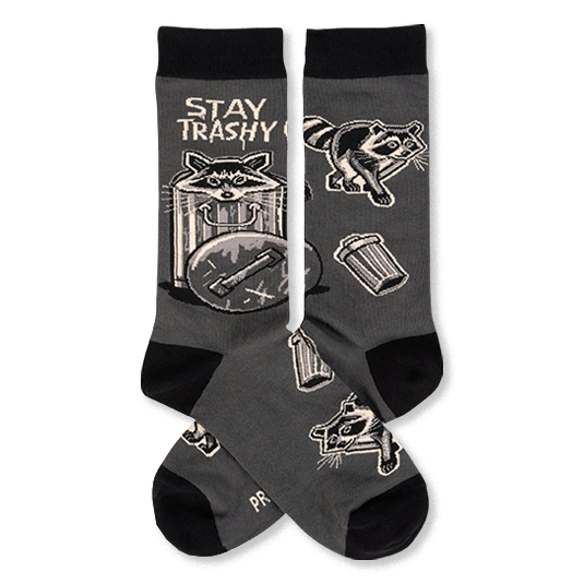 Pair of dark gray crew socks with black cuffs, heels, toes. Features raccoons, trash cans, and 'STAY TRASHY CREW' text.