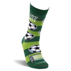 One soccer sock on an invisible foot form, showing alternating dark and lime green stripes, soccer balls, and a goal net.
