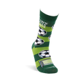 One soccer sock on an invisible foot form, showing alternating dark and lime green stripes, soccer balls, and a goal net.