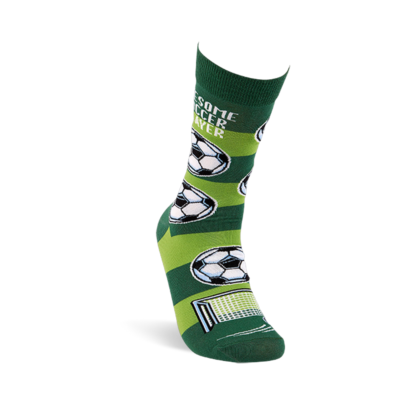 One soccer sock on an invisible foot form, showing alternating dark and lime green stripes, soccer balls, and a goal net.