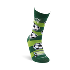 One soccer sock on an invisible foot form, showing alternating dark and lime green stripes, soccer balls, and a goal net.