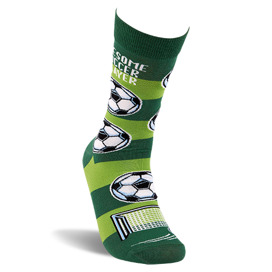 One soccer sock on an invisible foot form, showing alternating dark and lime green stripes, soccer balls, and a goal net.