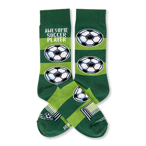 Pair of soccer socks with dark and lime green stripes, 'AWESOME SOCCER PLAYER' text, soccer balls, and a goal net.