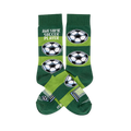 Pair of soccer socks with dark and lime green stripes, 'AWESOME SOCCER PLAYER' text, soccer balls, and a goal net.