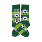 Pair of soccer socks with dark and lime green stripes, 'AWESOME SOCCER PLAYER' text, soccer balls, and a goal net.