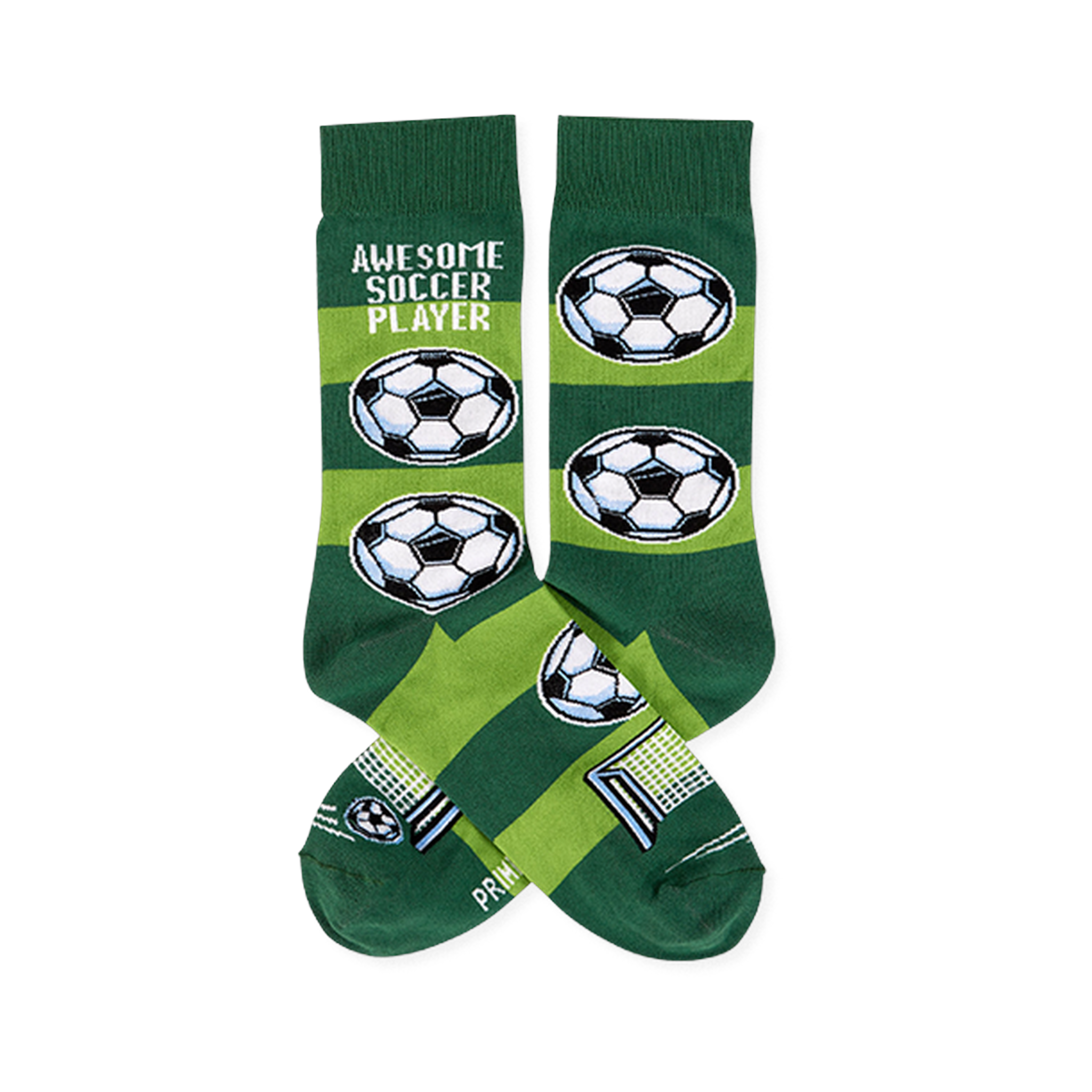 Pair of soccer socks with dark and lime green stripes, 'AWESOME SOCCER PLAYER' text, soccer balls, and a goal net.
