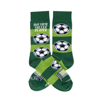 Pair of soccer socks with dark and lime green stripes, 'AWESOME SOCCER PLAYER' text, soccer balls, and a goal net.