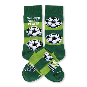 Pair of soccer socks with dark and lime green stripes, 'AWESOME SOCCER PLAYER' text, soccer balls, and a goal net.