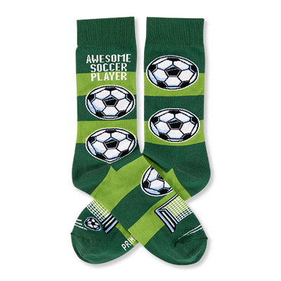 Pair of soccer socks with dark and lime green stripes, 'AWESOME SOCCER PLAYER' text, soccer balls, and a goal net.