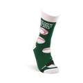 Single dark green crew sock on a white form, angled to show "AWESOME BASEBALL PLAYER" text, baseballs, bat, and home plate.