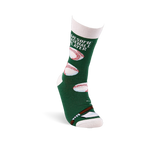 Single dark green crew sock on a white form, angled to show "AWESOME BASEBALL PLAYER" text, baseballs, bat, and home plate.