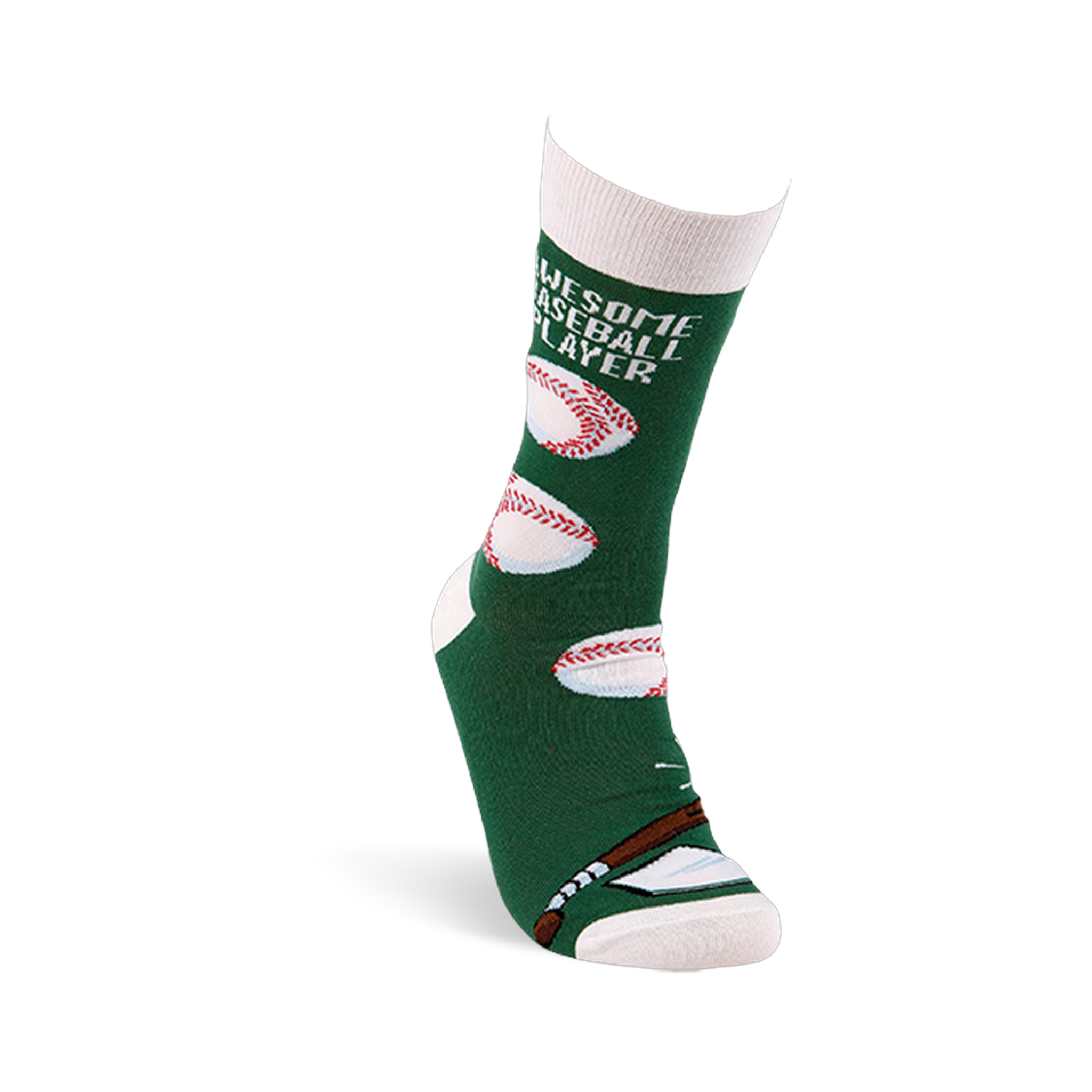 Single dark green crew sock on a white form, angled to show "AWESOME BASEBALL PLAYER" text, baseballs, bat, and home plate.