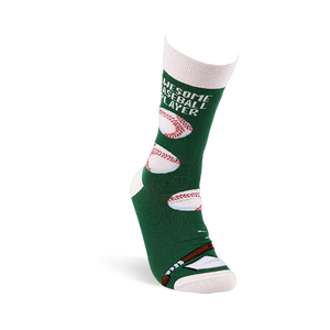 Single dark green crew sock on a white form, angled to show 