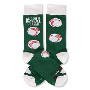 Pair of dark green crew socks with white cuffs, heels, and toes. One sock reads 