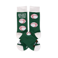 Pair of dark green crew socks with white cuffs, heels, and toes. One sock reads "AWESOME BASEBALL PLAYER" with baseballs, bat, home plate.