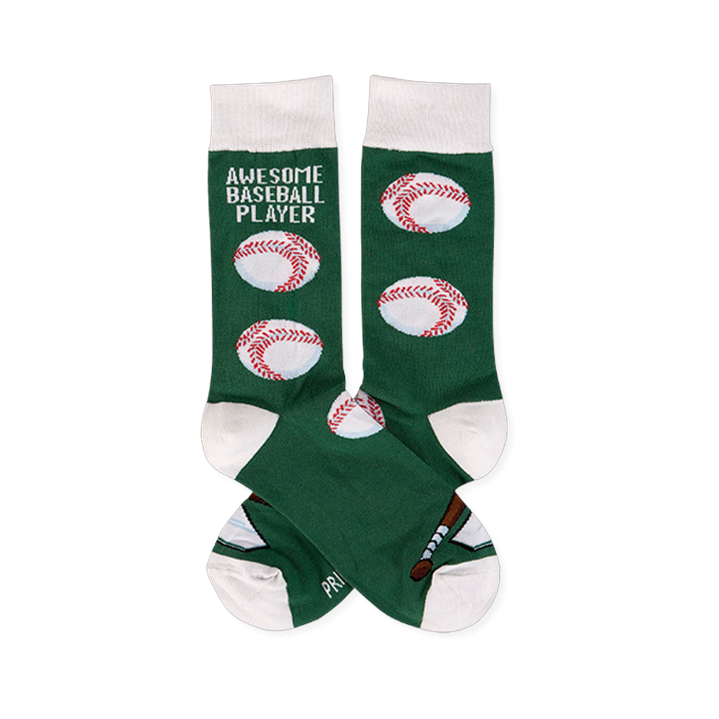 Pair of dark green crew socks with white cuffs, heels, and toes. One sock reads "AWESOME BASEBALL PLAYER" with baseballs, bat, home plate.