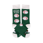 Pair of dark green crew socks with white cuffs, heels, and toes. One sock reads "AWESOME BASEBALL PLAYER" with baseballs, bat, home plate.