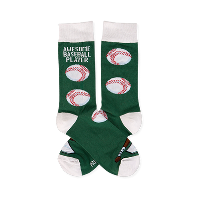 Pair of dark green crew socks with white cuffs, heels, and toes. One sock reads "AWESOME BASEBALL PLAYER" with baseballs, bat, home plate.