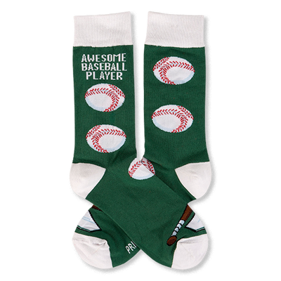 Pair of dark green crew socks with white cuffs, heels, and toes. One sock reads "AWESOME BASEBALL PLAYER" with baseballs, bat, home plate.