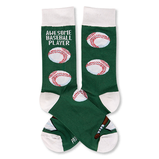 Pair of dark green crew socks with white cuffs, heels, and toes. One sock reads 