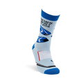 Single light blue crew sock, angled view. Shows black hockey pucks, net, stick, and "Awesome Hockey Player" text.
