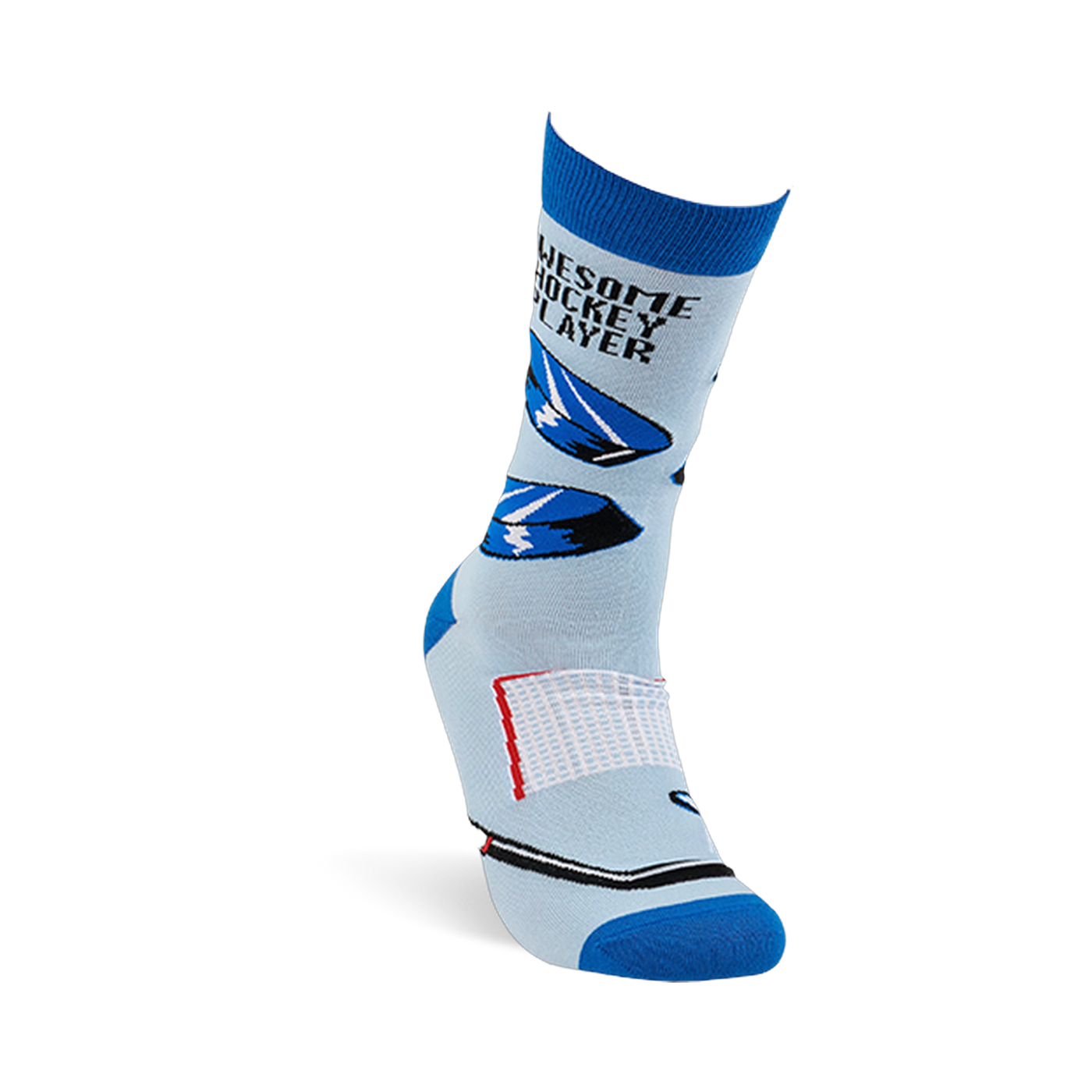Single light blue crew sock, angled view. Shows black hockey pucks, net, stick, and "Awesome Hockey Player" text.