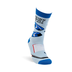 Single light blue crew sock, angled view. Shows black hockey pucks, net, stick, and "Awesome Hockey Player" text.