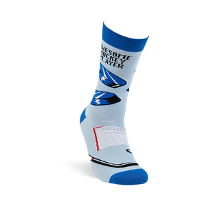 Single light blue crew sock, angled view. Shows black hockey pucks, net, stick, and 