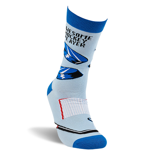 Single light blue crew sock, angled view. Shows black hockey pucks, net, stick, and 