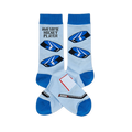 Light blue crew socks with blue cuffs, heels, toes. Features hockey pucks, net, stick, and "Awesome Hockey Player" text.