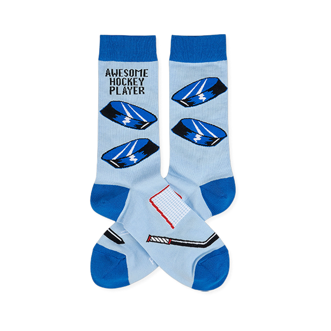 Light blue crew socks with blue cuffs, heels, toes. Features hockey pucks, net, stick, and "Awesome Hockey Player" text.