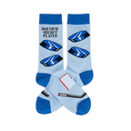 Light blue crew socks with blue cuffs, heels, toes. Features hockey pucks, net, stick, and "Awesome Hockey Player" text.