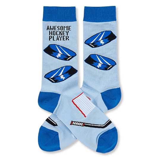 Light blue crew socks with blue cuffs, heels, toes. Features hockey pucks, net, stick, and 