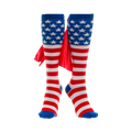 Pair of red, white, and blue knee-high socks.  The socks are striped and feature a small cape detail, resembling an American flag.