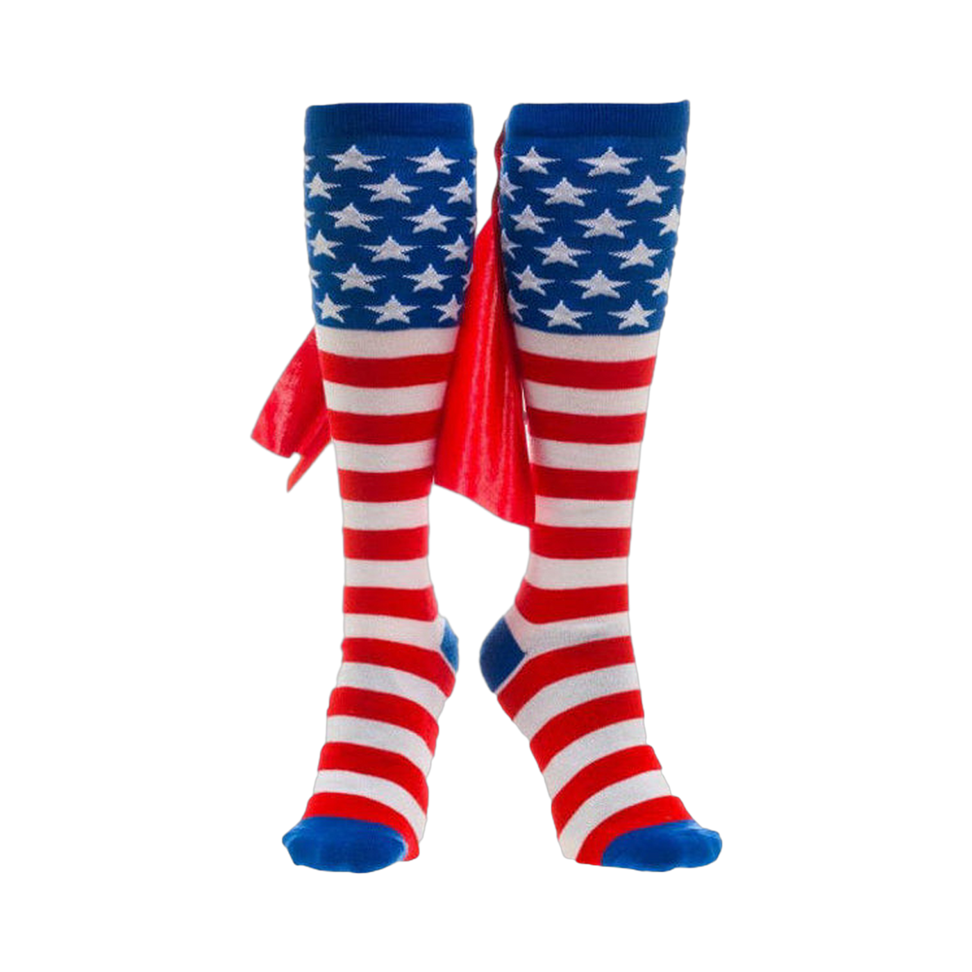 Pair of red, white, and blue knee-high socks.  The socks are striped and feature a small cape detail, resembling an American flag.