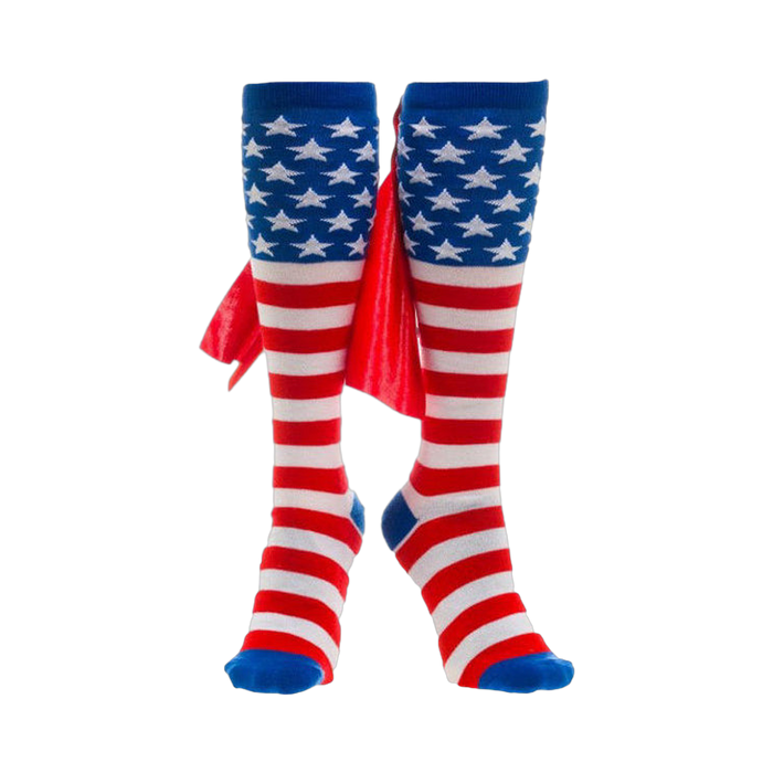 Pair of red, white, and blue knee-high socks.  The socks are striped and feature a small cape detail, resembling an American flag. }}