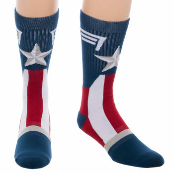 A pair of crew socks in red, white, and blue. The socks feature a large star and stripes inspired by the Captain America suit.
