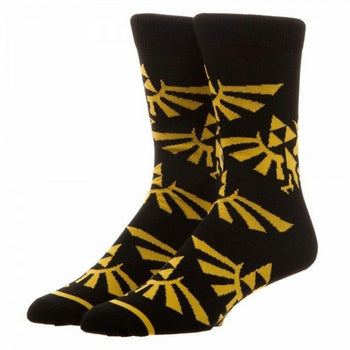 mens' crew socks in black feature a nintendo zelda triforce symbol repeating pattern.  