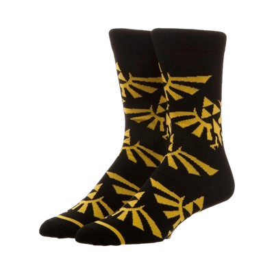 Pair of black crew socks with a repeating gold Triforce symbol from the Legend of Zelda game series.