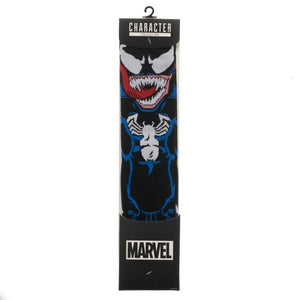 Product shot of the Marvel Venom socks in their packaging; showcasing the full sock design and branding.