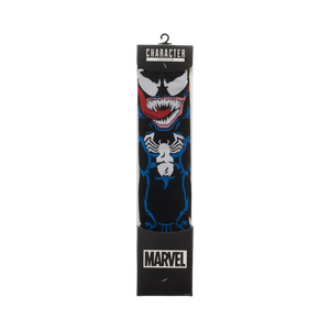 Product shot of the Marvel Venom socks in their packaging; showcasing the full sock design and branding.