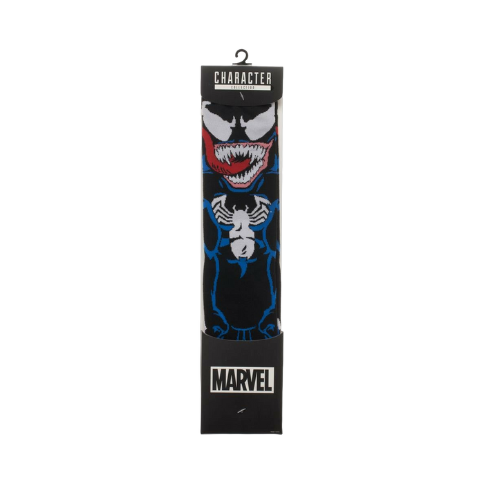 Product shot of the Marvel Venom socks in their packaging; showcasing the full sock design and branding.